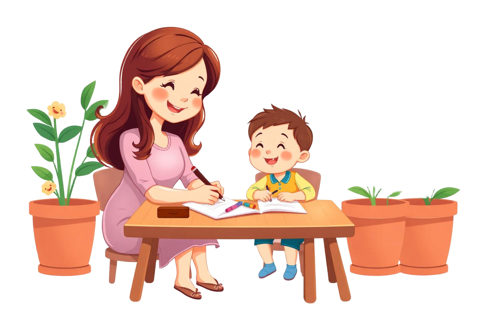 Teacher and child learning together surrounded by plants and butterflies